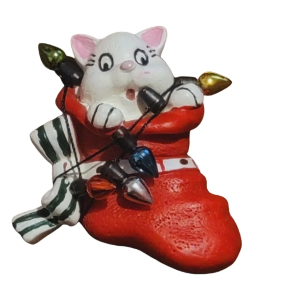 Christmas Kitten Brooch, White Cat in Red Stocking Pin, Cat with Christmas Bulbs